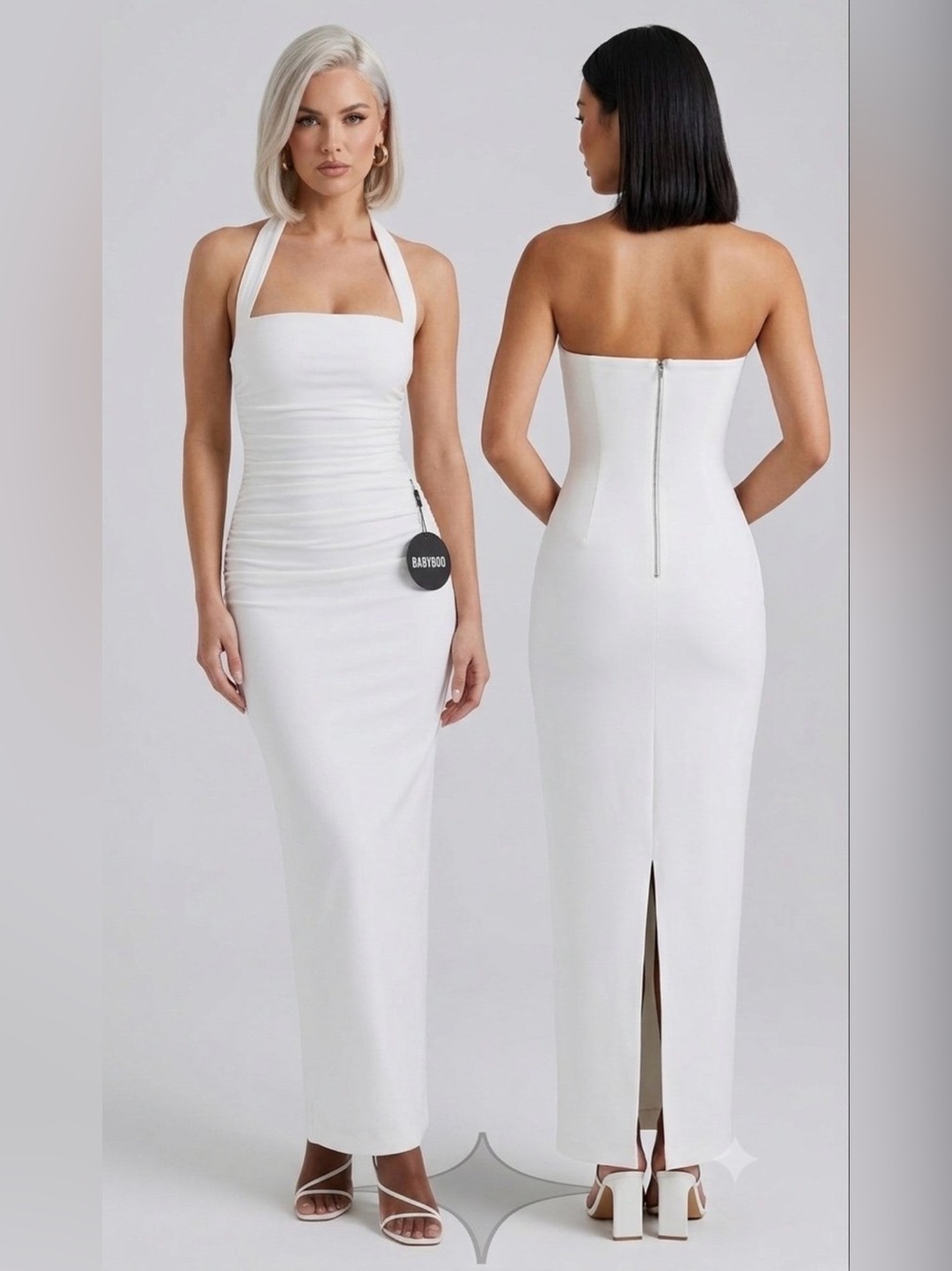 BABY BOO Elegant White Halter Maxi Dress with Back Zip - Sleek Evening Gown